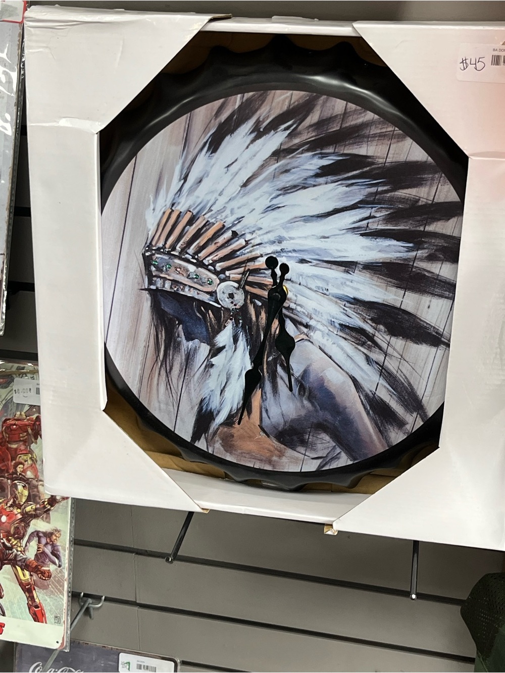 Round Native Headdress Wall Art - Black & White clock
